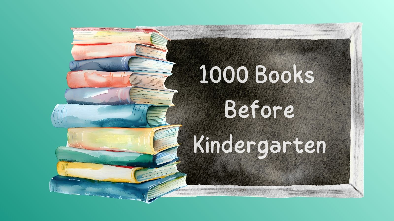 Image of a pile of books next to a blackboard. 